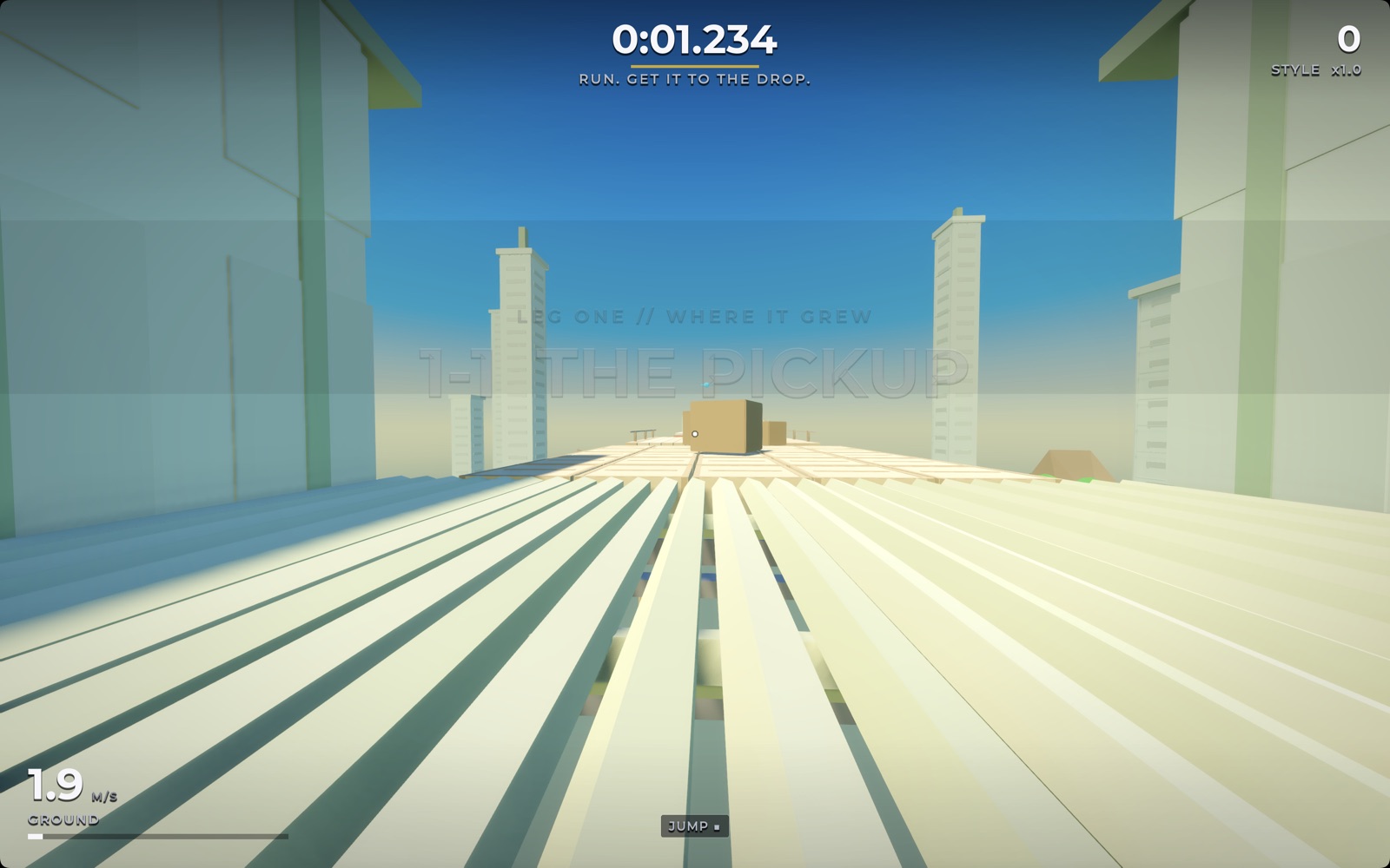 Banana Courier rooftop route between bright geometric buildings