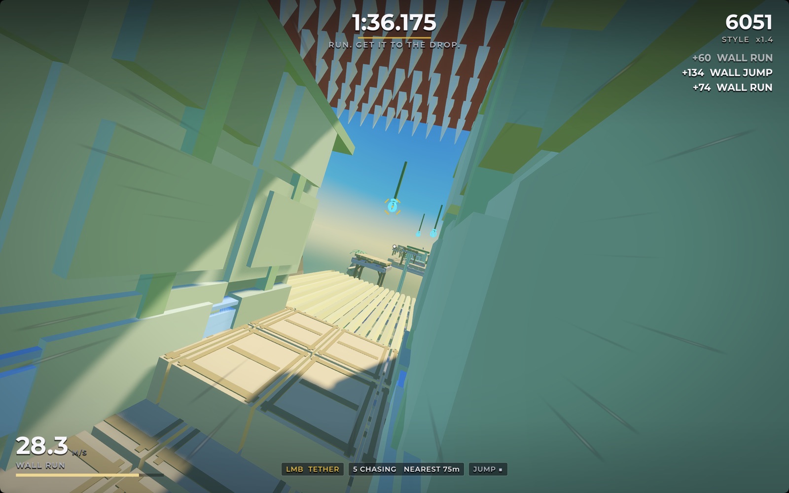 Banana Courier first-person parkour run through a bright city corridor with ceiling spikes