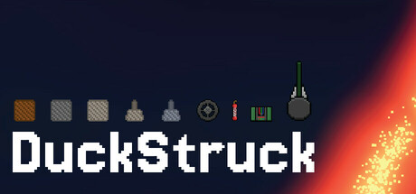 DuckStruck game title card with pixel art equipment and a bright projectile trail